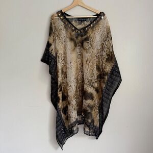 Y2K Venus Womens Snakeskin Animal Print Jeweled Kaftan Top Brown Sheer OS